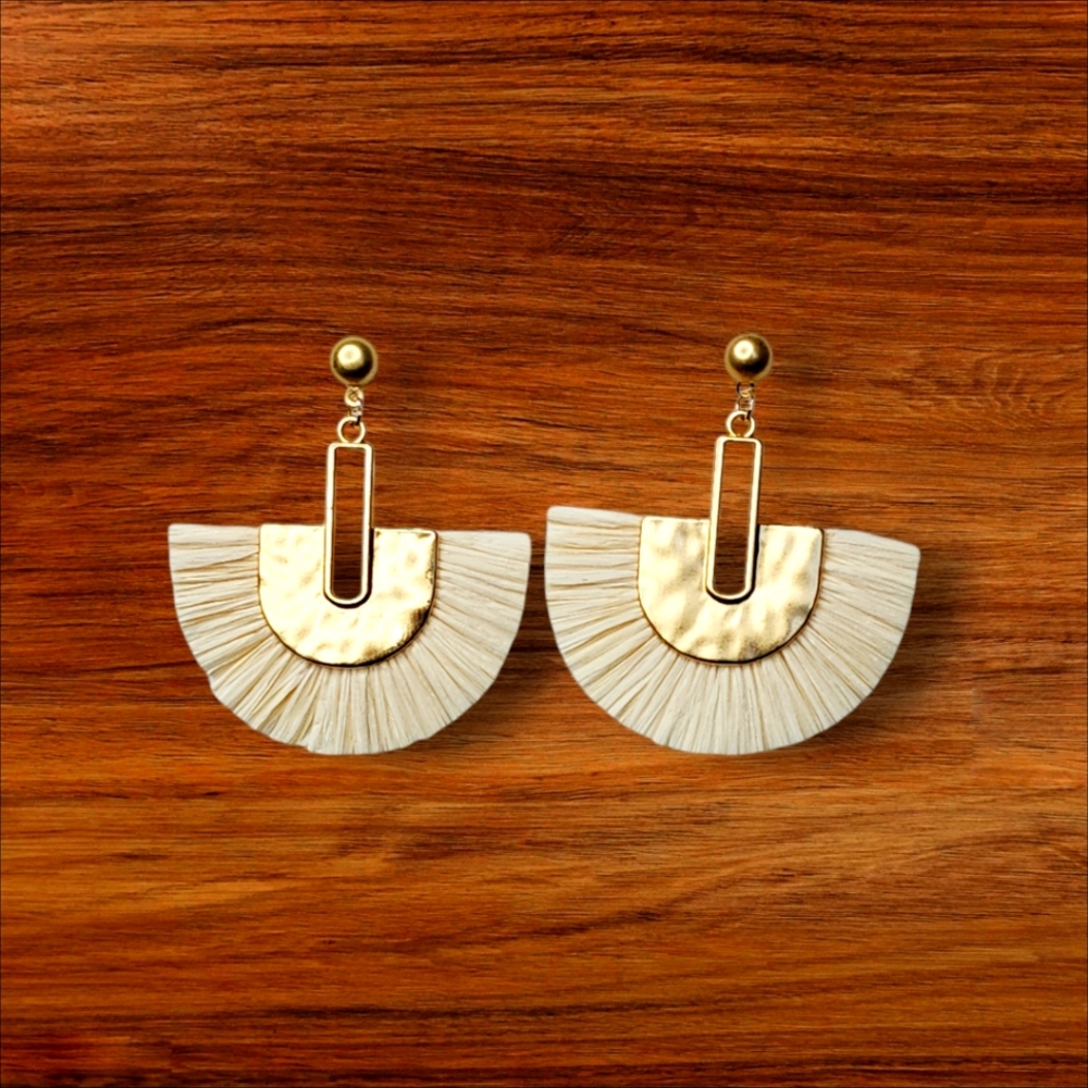 Sun Star Cream Fan Tassel Earrings with Gold Detail